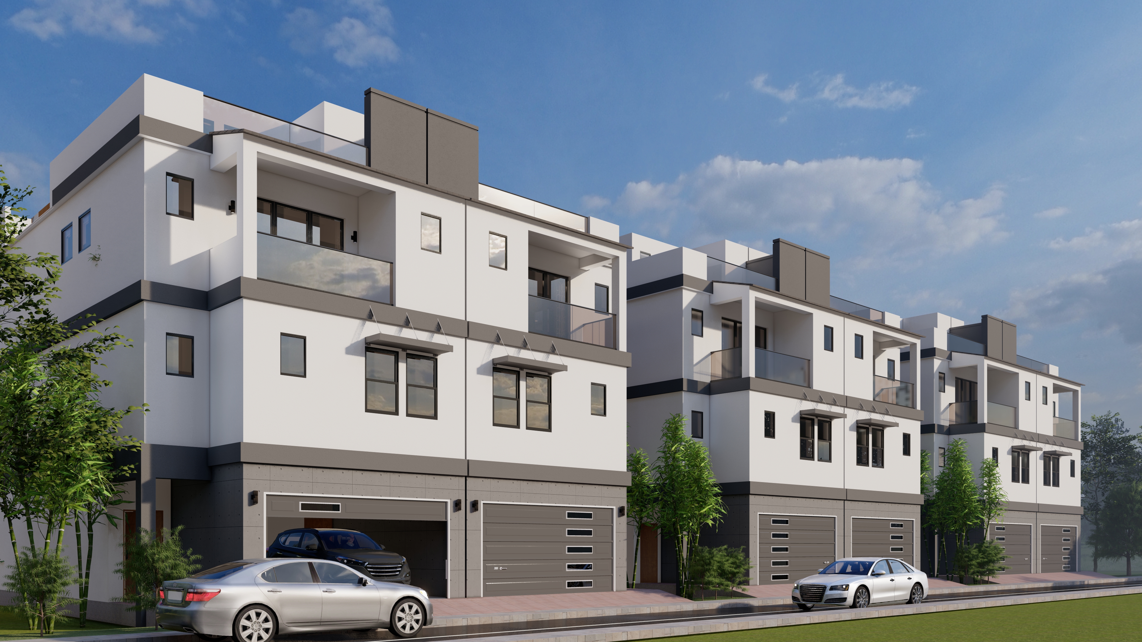 Street view of Villas at Sunset Station modern townhomes